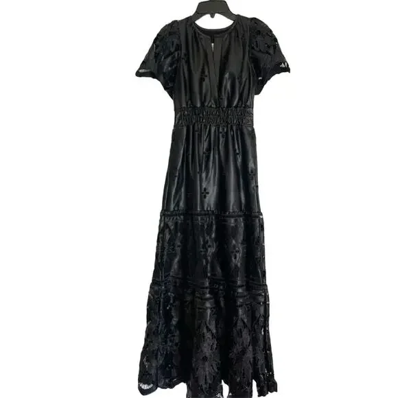 NWT Anthropologie The Somerset Maxi Dress: Faux Leather Embroidered BLACK XXS 00